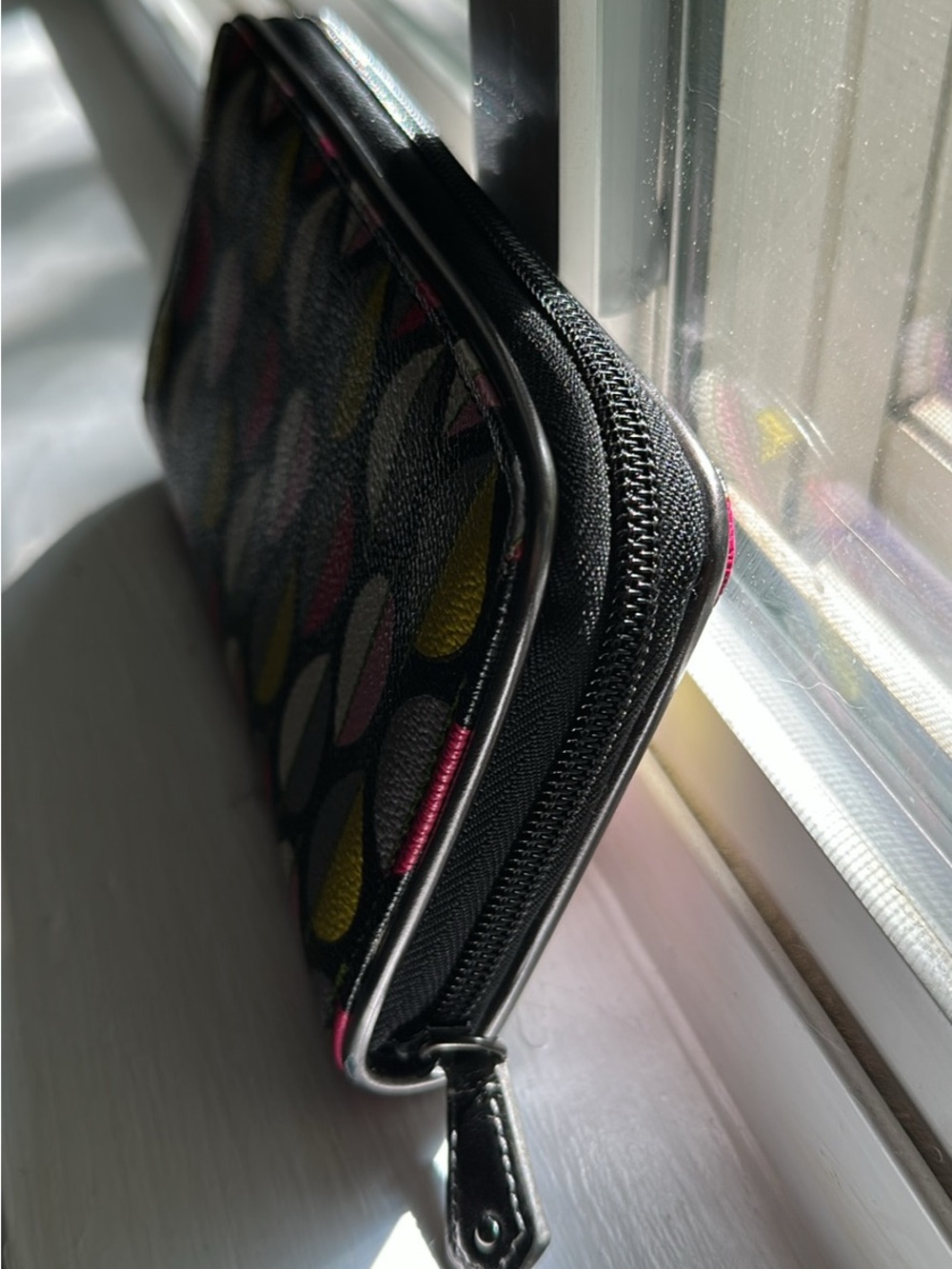 Vera Bradley Black Wallet with Pink, Yellow, Gray and White Leaf Pattern - Picture 4 of 4